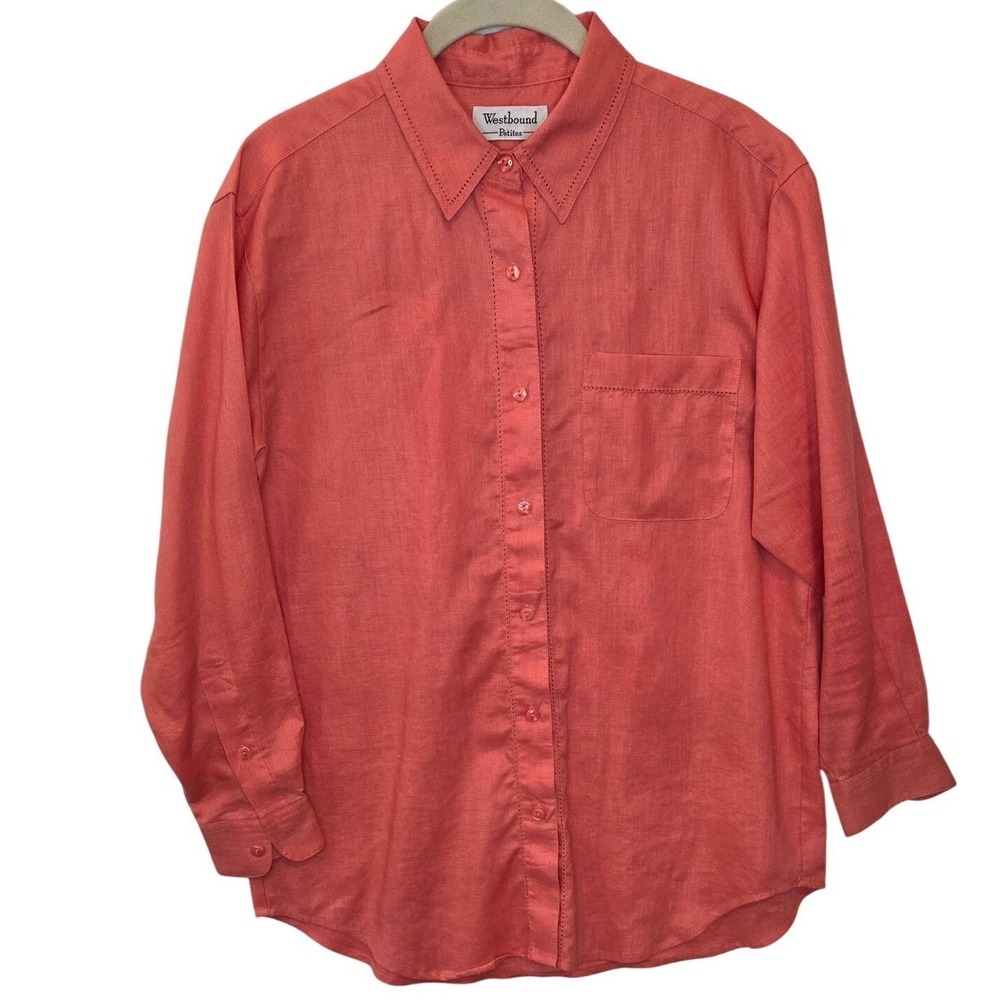 Westbound Petites Med Coral Orange 100% Linen Hemstitch Button Down Shirt PM